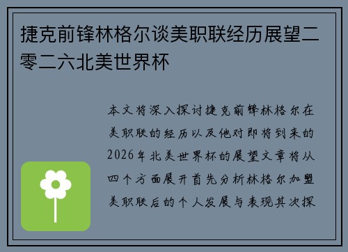 捷克前锋林格尔谈美职联经历展望二零二六北美世界杯